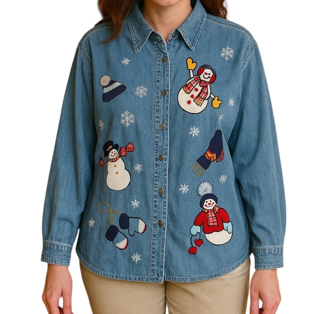Vintage Womens Denim Shirt 18/20W Snowman Embroidered Christmas Button Front Y2K